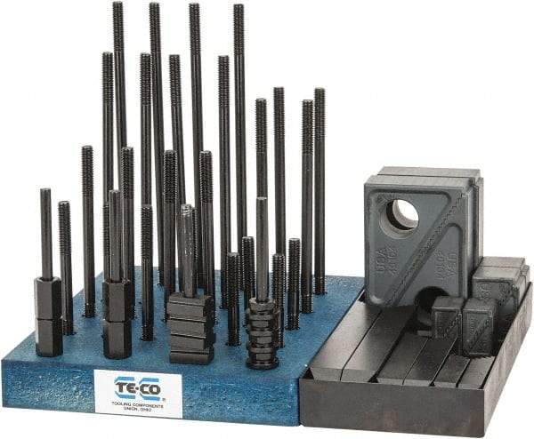 TE-CO - 50 Piece Fixturing Step Block & Clamp Set with 1" Step Block, 3/8" T-Slot, 5/16-18 Stud Thread - 5/8" Nut Width, 3, 4, 5, 6, 7 & 8" Stud Lengths - Exact Tool & Supply