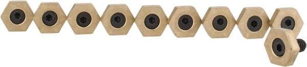 Mitee-Bite - 5/8" Brass Hex, 1/4-20 Stud Thread, Symmetrical Hex Clamp - 3/16" Hex Height, 800 Lb Holding Force, Hardened Steel Stud, 15/32" Long Thread, 6.2 Ft/Lb Torque, 10 Clamps - Exact Tool & Supply
