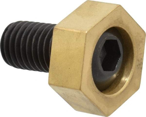 Mitee-Bite - 1-3/16" Brass Hex, 5/8-11 Stud Thread, Symmetrical Hex Clamp - 1/2" Hex Height, 6,000 Lb Holding Force, Hardened Steel Stud, 1-1/8" Long Thread, 100 Ft/Lb Torque, 4 Clamps - Exact Tool & Supply