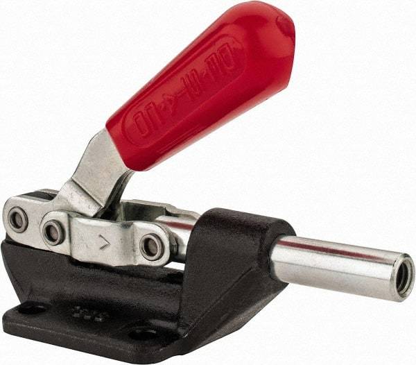 De-Sta-Co - 600 Lb Load Capacity, Flanged Base, Carbon Steel, Standard Straight Line Action Clamp - 4 Mounting Holes, 0.27" Mounting Hole Diam, 0.44" Plunger Diam, Straight Handle - Exact Tool & Supply
