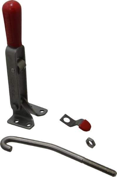 De-Sta-Co - 450 Lb Capacity, Horizontal, J Hook, Flanged Base, Stainless Steel Pull Action Latch Clamp - 4" Drawing Movement, 8.82" OAL, Straight Handle - Exact Tool & Supply