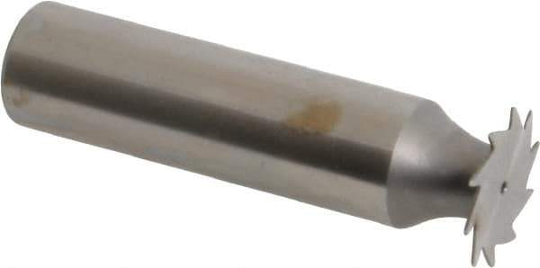 Made in USA - 5/8" Diam x 1/64" Face Width, High Speed Steel, 12 Teeth, Shank Connection Woodruff Keyseat Cutter - Uncoated, 2-3/32" OAL x 1/2" Shank, Straight Teeth - Exact Tool & Supply