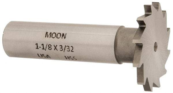 Made in USA - 1-1/8" Diam x 3/32" Face Width, High Speed Steel, 16 Teeth, Shank Connection Woodruff Keyseat Cutter - Uncoated, 2-3/16" OAL x 1/2" Shank, Straight Teeth - Exact Tool & Supply