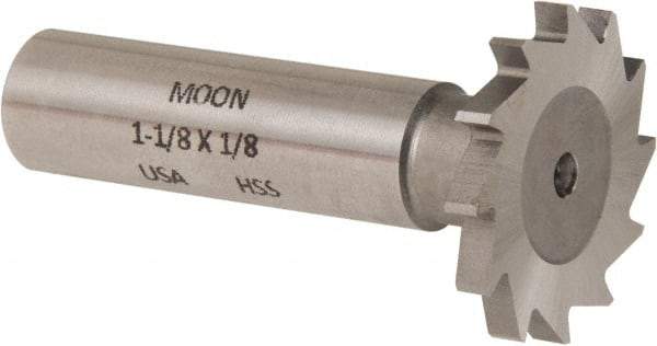 Made in USA - 1-1/8" Diam x 1/8" Face Width, High Speed Steel, 16 Teeth, Shank Connection Woodruff Keyseat Cutter - Uncoated, 2-3/16" OAL x 1/2" Shank, Straight Teeth - Exact Tool & Supply