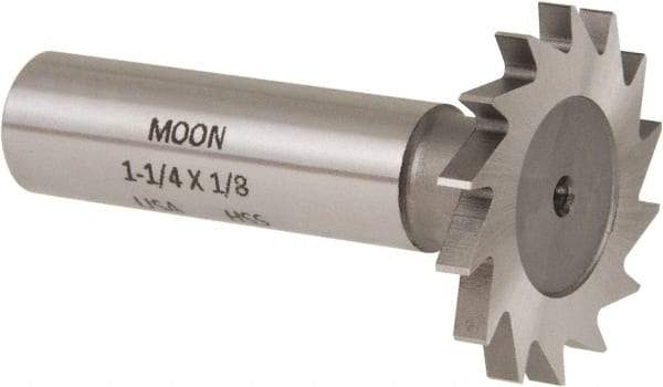 Made in USA - 1-1/4" Diam x 1/8" Face Width, High Speed Steel, 18 Teeth, Shank Connection Woodruff Keyseat Cutter - Uncoated, 2-3/16" OAL x 1/2" Shank, Straight Teeth - Exact Tool & Supply