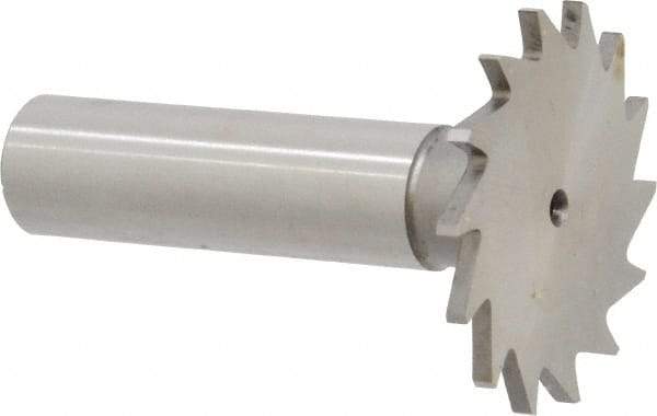 Made in USA - 1-3/8" Diam x 5/64" Face Width, High Speed Steel, 18 Teeth, Shank Connection Woodruff Keyseat Cutter - Uncoated, 2-1/4" OAL x 1/2" Shank, Straight Teeth - Exact Tool & Supply