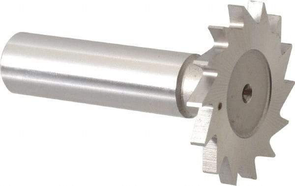 Made in USA - 1-3/8" Diam x 1/8" Face Width, High Speed Steel, 18 Teeth, Shank Connection Woodruff Keyseat Cutter - Uncoated, 2-1/4" OAL x 1/2" Shank, Straight Teeth - Exact Tool & Supply