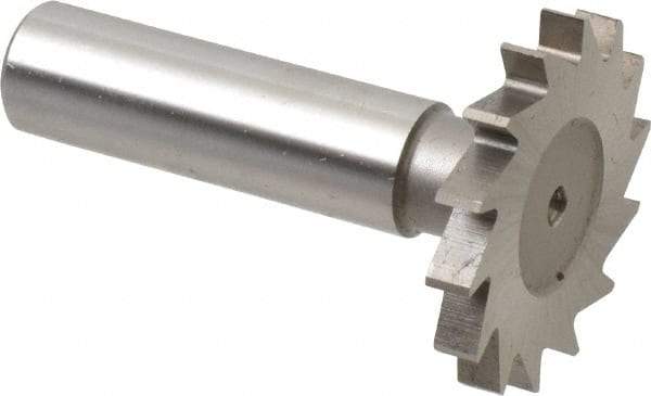 Made in USA - 1-3/8" Diam x 11/64" Face Width, High Speed Steel, 18 Teeth, Shank Connection Woodruff Keyseat Cutter - Uncoated, 2-1/4" OAL x 1/2" Shank, Straight Teeth - Exact Tool & Supply