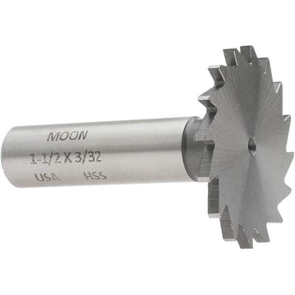 Made in USA - 1-1/2" Diam x 3/32" Face Width, High Speed Steel, 20 Teeth, Shank Connection Woodruff Keyseat Cutter - Uncoated, 2-1/4" OAL x 1/2" Shank, Straight Teeth - Exact Tool & Supply