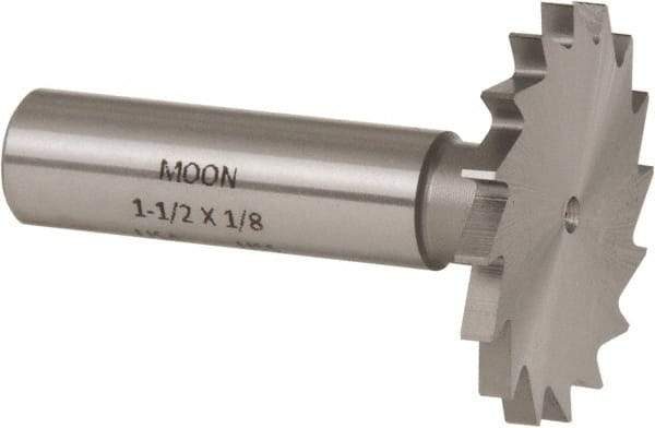 Made in USA - 1-1/2" Diam x 1/8" Face Width, High Speed Steel, 16 Teeth, Shank Connection Woodruff Keyseat Cutter - Uncoated, 2-1/8" OAL x 1/2" Shank, Straight Teeth - Exact Tool & Supply