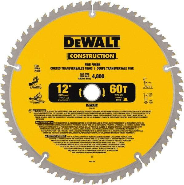 DeWALT - 12" Diam, 1" Arbor Hole Diam, 60 Tooth Wet & Dry Cut Saw Blade - Carbide-Tipped, Fine Finishing Action, Standard Round Arbor - Exact Tool & Supply