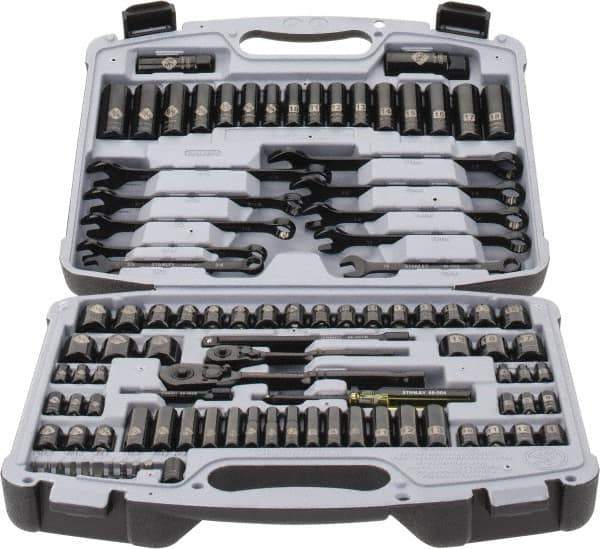 Stanley - 99 Piece 1/4 & 3/8" Drive Standard Deep Socket Set - 6 Points, 1/4 to 7/8", 4 to 19mm, Inch/Metric Measurement Standard - Exact Tool & Supply