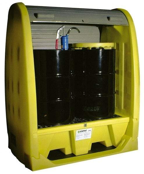 Enpac - 4 Drum, 66 Gal Sump Capacity, Pallet with Rolltop Hardcover - 69" High, Vertical Storage, Polyethylene - Exact Tool & Supply