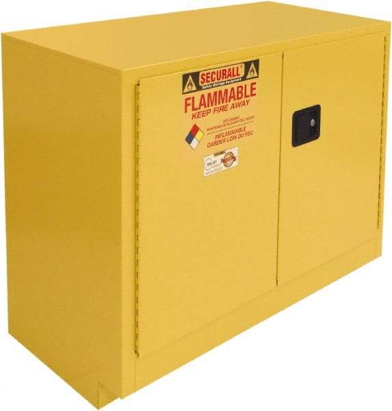 Securall Cabinets - 2 Door, 1 Shelf, Yellow Steel Under the Counter Safety Cabinet for Flammable and Combustible Liquids - 35-9/16" High x 47" Wide x 22" Deep, Manual Closing Door, 3 Point Key Lock, 36 Gal Capacity - Exact Tool & Supply