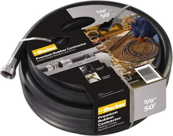 Parker - 100' Long Water Hose - 5/8" Diam, 3/4" GHT, Rubber, 125 psi, Black - Exact Tool & Supply