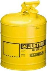 Justrite - 5 Gal Galvanized Steel Self-Closing, Self-Venting, Full-Length Flame Arrester - 16-7/8" High x 11-3/4" Diam, Yellow - Exact Tool & Supply