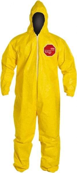 Dupont - Size XL PE Film Chemical Resistant Coveralls - Yellow, Zipper Closure, Elastic Cuffs, Elastic Ankles, Serged Seams - Exact Tool & Supply