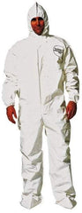 Dupont - Size 4XL Saranex Chemical Resistant Coveralls - White, Zipper Closure, Elastic Cuffs, Open Ankles, Bound Seams - Exact Tool & Supply