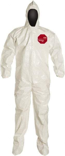 Dupont - Size M Saranex Chemical Resistant Coveralls - White, Zipper Closure, Elastic Cuffs, Open Ankles, Bound Seams - Exact Tool & Supply