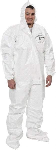 Dupont - Size 3XL Saranex Chemical Resistant Coveralls - White, Zipper Closure, Elastic Cuffs, Open Ankles, Bound Seams - Exact Tool & Supply