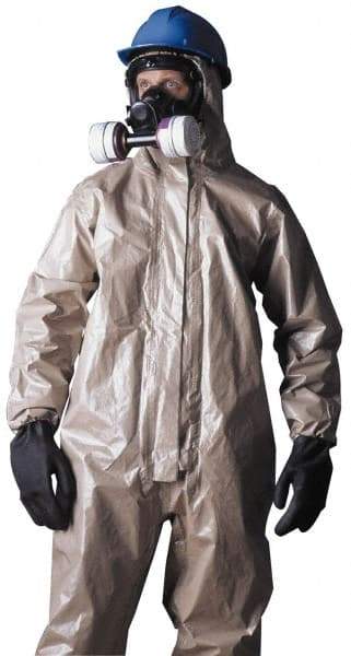 Dupont - Size L Hazmat Chemical Resistant Coveralls - Tan, Zipper Closure, Elastic Cuffs, Open Ankles, Taped Seams - Exact Tool & Supply
