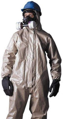 Dupont - Size XL Hazmat Chemical Resistant Coveralls - Tan, Zipper Closure, Elastic Cuffs, Open Ankles, Taped Seams - Exact Tool & Supply