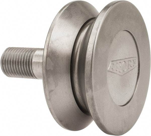 Osborn International - 2" Roller Diam x 27/32" Width, 1/2" Stud Diam x 1-1/4" Length, V Grooved Concentric Stud - Steel, 5/8" Thread Length, 1/2-20 Thread, 2-3/32" OAL, 600 Lb Dynamic Cap - Exact Tool & Supply