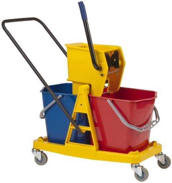 PRO-SOURCE - 63 Qt Plastic Bucket & Wringer - 31" Long x 20-1/2" High x 17" Wide, Blue/Red - Exact Tool & Supply