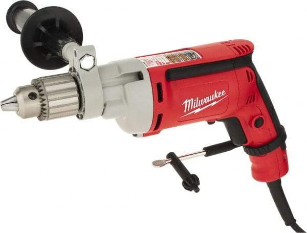 Milwaukee Tool - 1/2" Keyed Chuck, 850 RPM, Pistol Grip Handle Electric Drill - 8 Amps, 120 Volts, Non-Reversible, Includes 1/2" Magnum Drill, Chuck Key with Holder, Side Handle - Exact Tool & Supply