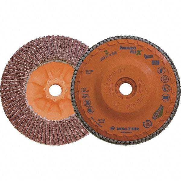 WALTER Surface Technologies - 60 Grit, 4-1/2" Disc Diam, 5/8-11 Center Hole, Zirconia Alumina Flap Disc - 13,300 Max RPM, Plastic Backing, Arbor Attaching System, Coated - Exact Tool & Supply