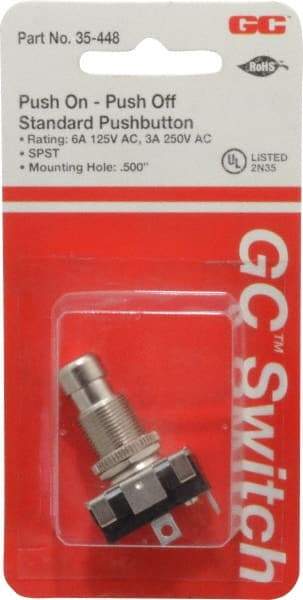 GC/Waldom - 1/2 Inch Mount Hole, Miniature Pushbutton Switch Only - Round, Chrome Pushbutton, Nonilluminated, Maintained (MA), On-Off - Exact Tool & Supply