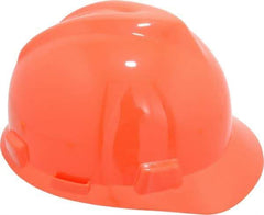 MSA - ANSI Type I, Class E Rated, 4-Point, Ratchet Adjustment Hard Hat - Size 6-1/2 to 8, Orange, Standard Brim - Exact Tool & Supply