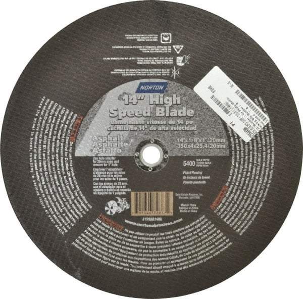 Norton - 14" 16 Grit Silicon Carbide Cutoff Wheel - 1/8" Thick, 1" Arbor, 5,400 Max RPM, Use with Portable Tools - Exact Tool & Supply
