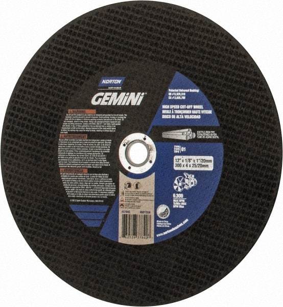 Norton - 12" 24 Grit Aluminum Oxide/Silicon Carbide Blend Cutoff Wheel - 1/8" Thick, 1" Arbor, 6,360 Max RPM, Use with Electric & Gas Powered Saws - Exact Tool & Supply