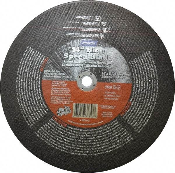 Norton - 14" 24 Grit Aluminum Oxide/Silicon Carbide Blend Cutoff Wheel - 1/8" Thick, 1" Arbor, 5,400 Max RPM, Use with Electric & Gas Powered Saws - Exact Tool & Supply