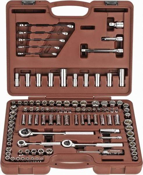 Paramount - 107 Piece 1/4, 3/8 & 1/2" Drive Standard Deep Socket Set - 6, 8 & 12 Points, 5/32 to 1/2", 4 to 13mm, Inch/Metric Measurement Standard - Exact Tool & Supply