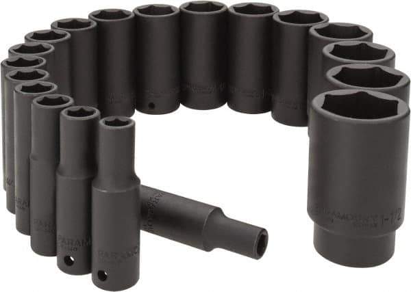 Paramount - 19 Piece 1/2" Drive Deep Well Impact Socket Set - 6 Points, 3/8" to 1-1/2" Range, Inch Measurement Standard - Exact Tool & Supply