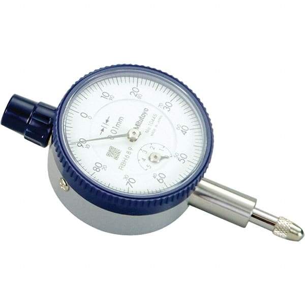 Mitutoyo - 5mm Range, 0-100 Dial Reading, 0.01mm Graduation Dial Drop Indicator - 40mm Dial, 1mm Range per Revolution, 0.01mm Accuracy, Revolution Counter - Exact Tool & Supply