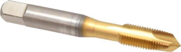 OSG - 3/8-24 UNF, 3 Flute, TiN Finish, High Speed Steel Spiral Point Tap - Plug Chamfer, Right Hand Thread, 2-15/16" OAL, 1-1/4" Thread Length, 0.381" Shank Diam, 3B Class of Fit, Series 105 - Exact Tool & Supply