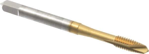 OSG - #8-32 UNC, 2 Flute, TiN Finish, High Speed Steel Spiral Point Tap - Plug Chamfer, Right Hand Thread, 2-1/8" OAL, 3/4" Thread Length, 0.168" Shank Diam, 3B Class of Fit, Series 105 - Exact Tool & Supply