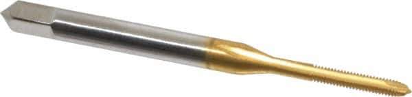 Hertel - #1-72 UNF, 2 Flute, TiN Finish, High Speed Steel Spiral Point Tap - Plug Chamfer, Right Hand Thread, 1-11/16" OAL, 3/8" Thread Length, 0.141" Shank Diam, 2B Class of Fit - Exact Tool & Supply