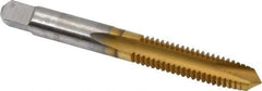 Hertel - 5/16-18 UNC, 2 Flute, TiN Finish, High Speed Steel Spiral Point Tap - Plug Chamfer, Right Hand Thread, 2-23/32" OAL, 1-1/8" Thread Length, 0.318" Shank Diam - Exact Tool & Supply