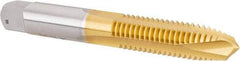 Hertel - 3/8-16 UNC, 3 Flute, TiN Finish, High Speed Steel Spiral Point Tap - Plug Chamfer, Right Hand Thread, 2-15/16" OAL, 1-1/4" Thread Length, 0.381" Shank Diam - Exact Tool & Supply