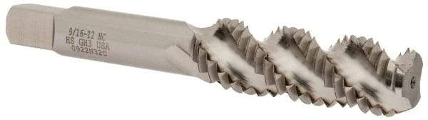 Hertel - 9/16-12 UNC 3 Flute Bottoming Spiral Flute Tap - High Speed Steel, Bright Finish, 3-19/32" OAL, Right Hand Flute, Right Hand Thread, H3 - Exact Tool & Supply
