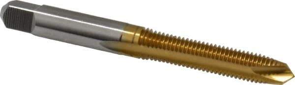 Hertel - M7x1.00 Metric Coarse, 2 Flute, TiN Finish, High Speed Steel Spiral Point Tap - Plug Chamfer, Right Hand Thread, 2-23/32" OAL, 1-1/8" Thread Length, 0.318" Shank Diam - Exact Tool & Supply