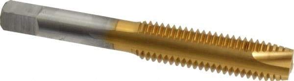 Hertel - M12x1.75 Metric Coarse, 3 Flute, TiN Finish, High Speed Steel Spiral Point Tap - Plug Chamfer, Right Hand Thread, 3-3/8" OAL, 1-21/32" Thread Length, 0.367" Shank Diam - Exact Tool & Supply