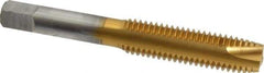 Hertel - M12x1.75 Metric Coarse, 3 Flute, TiN Finish, High Speed Steel Spiral Point Tap - Plug Chamfer, Right Hand Thread, 3-3/8" OAL, 1-21/32" Thread Length, 0.367" Shank Diam - Exact Tool & Supply