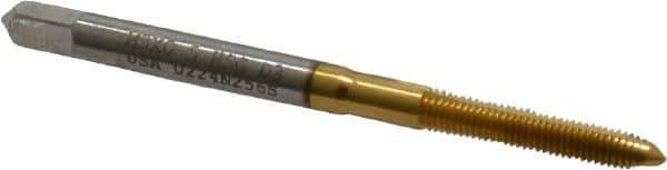 Hertel - M3x0.50 Metric Coarse, 2 Flute, TiN Finish, High Speed Steel Spiral Point Tap - Plug Chamfer, Right Hand Thread, 1-15/16" OAL, 5/8" Thread Length, 0.141" Shank Diam, 6H Class of Fit - Exact Tool & Supply