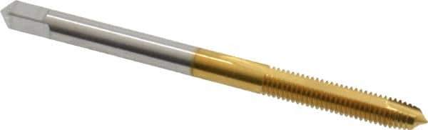 Hertel - M3.5x0.60 Metric Coarse, 2 Flute, TiN Finish, High Speed Steel Spiral Point Tap - Plug Chamfer, Right Hand Thread, 2" OAL, 11/16" Thread Length, 0.141" Shank Diam, 6H Class of Fit - Exact Tool & Supply