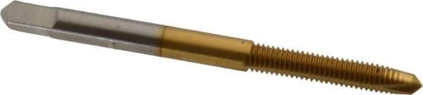 Hertel - M4.5x0.75 Metric Coarse, 2 Flute, TiN Finish, High Speed Steel Spiral Point Tap - Plug Chamfer, Right Hand Thread, 2-3/8" OAL, 7/8" Thread Length, 0.194" Shank Diam - Exact Tool & Supply